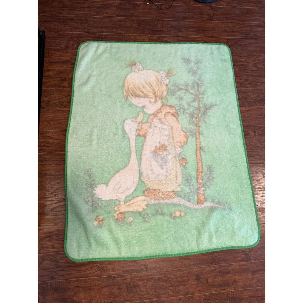 RARE COLOR Vintage Precious Moments Green Korean Mink Blanket (42x52)